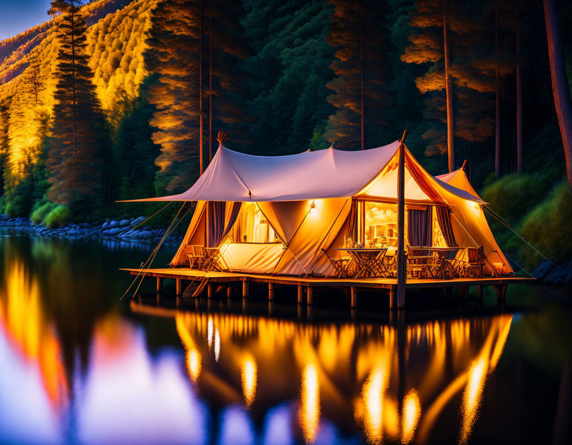 Canvas tent on wooden platform by tranquil lake at dusk.