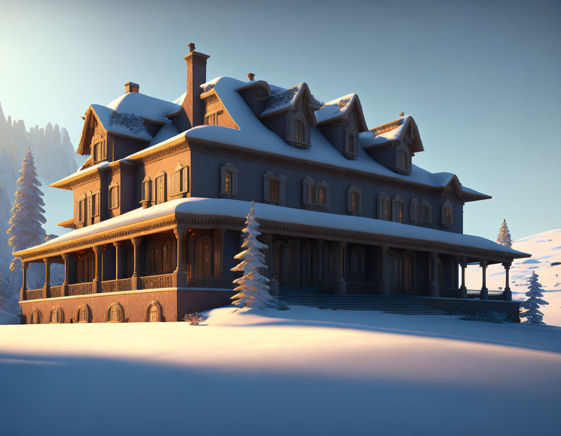 Victorian-style mansion in snowy twilight landscape