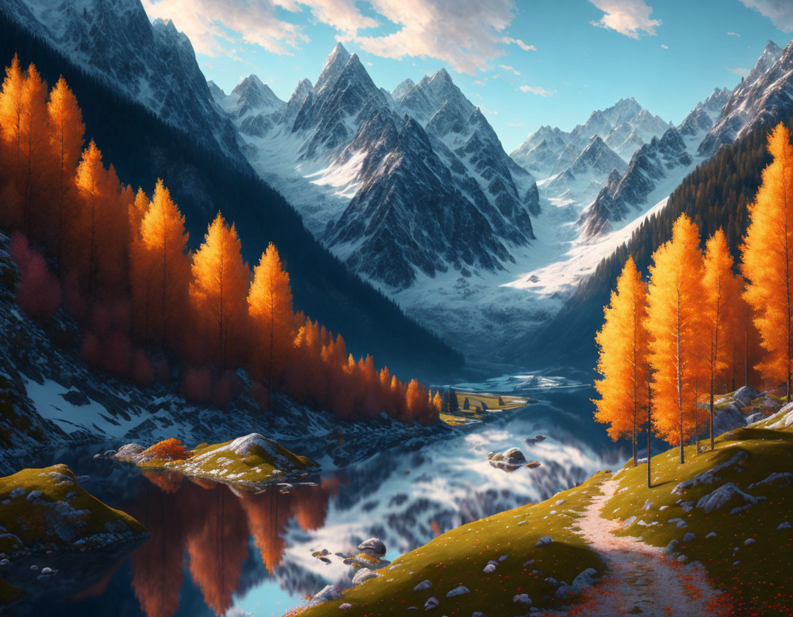 Tranquil mountain landscape with reflective lake and autumn trees