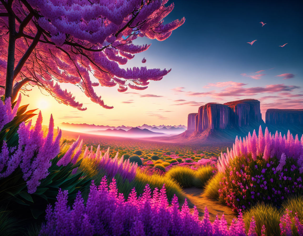 Colorful Sunrise Landscape with Pink Trees, Purple Flowers, and Mesas