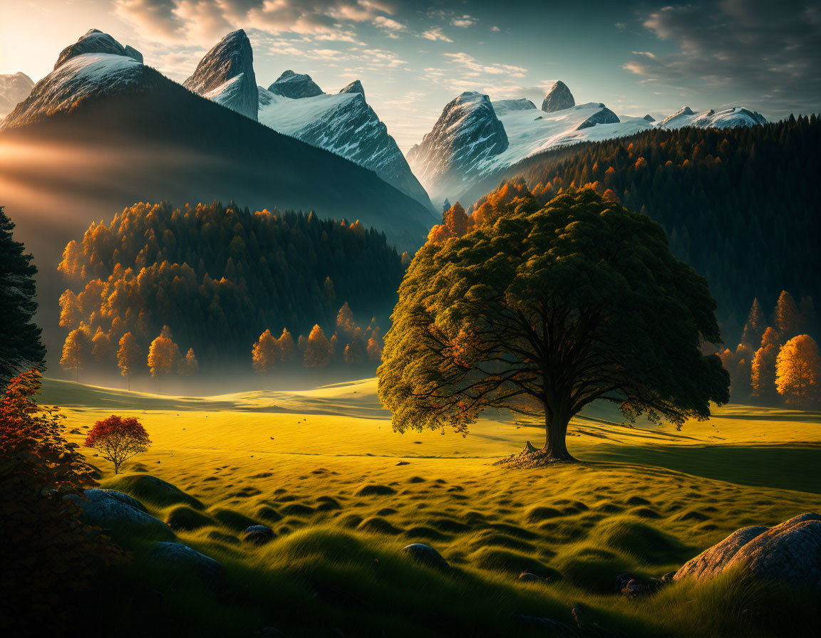 Tranquil landscape with lone tree, meadow, hills, forest, and snowy peaks