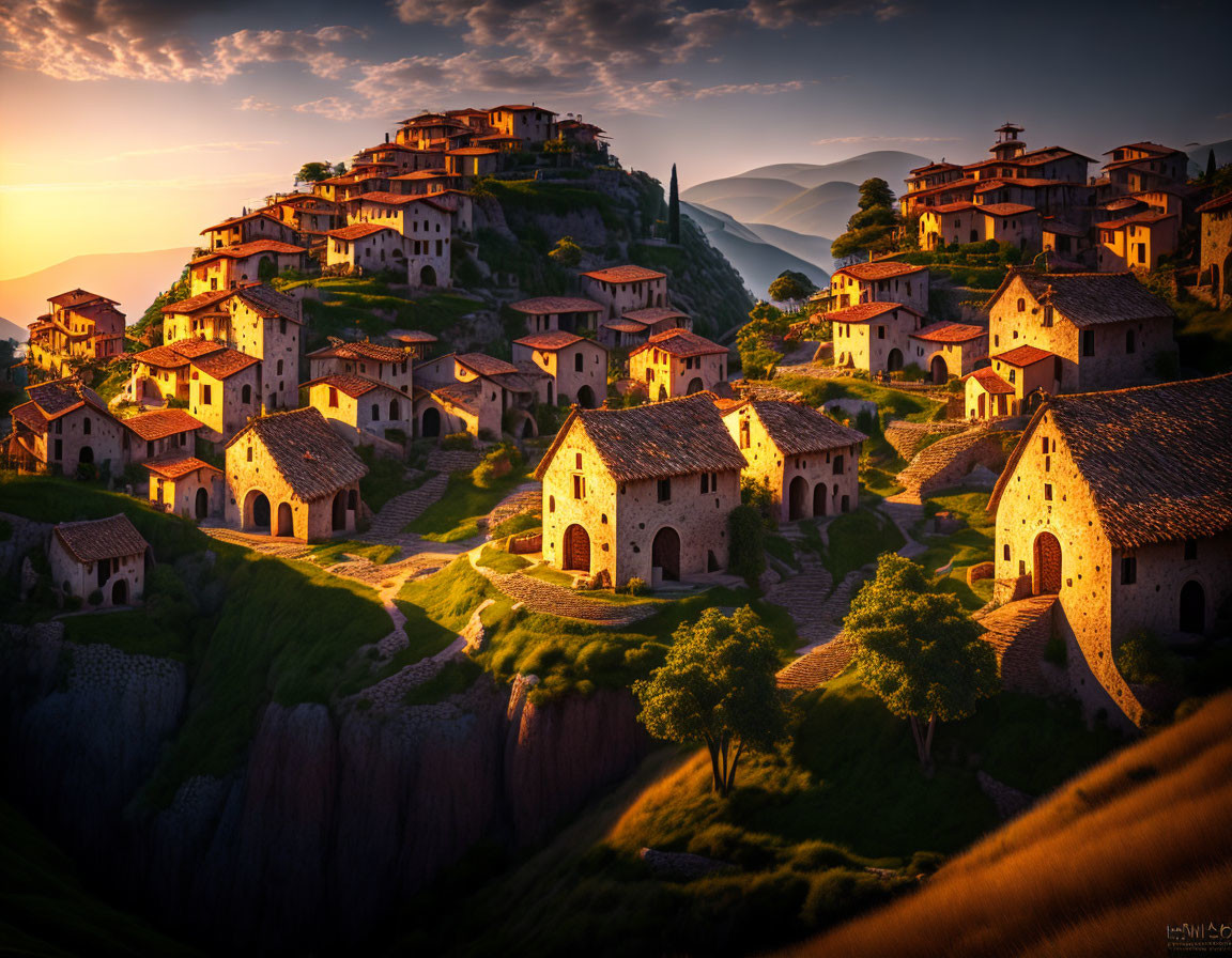 Scenic hilltop village with stone houses at sunset