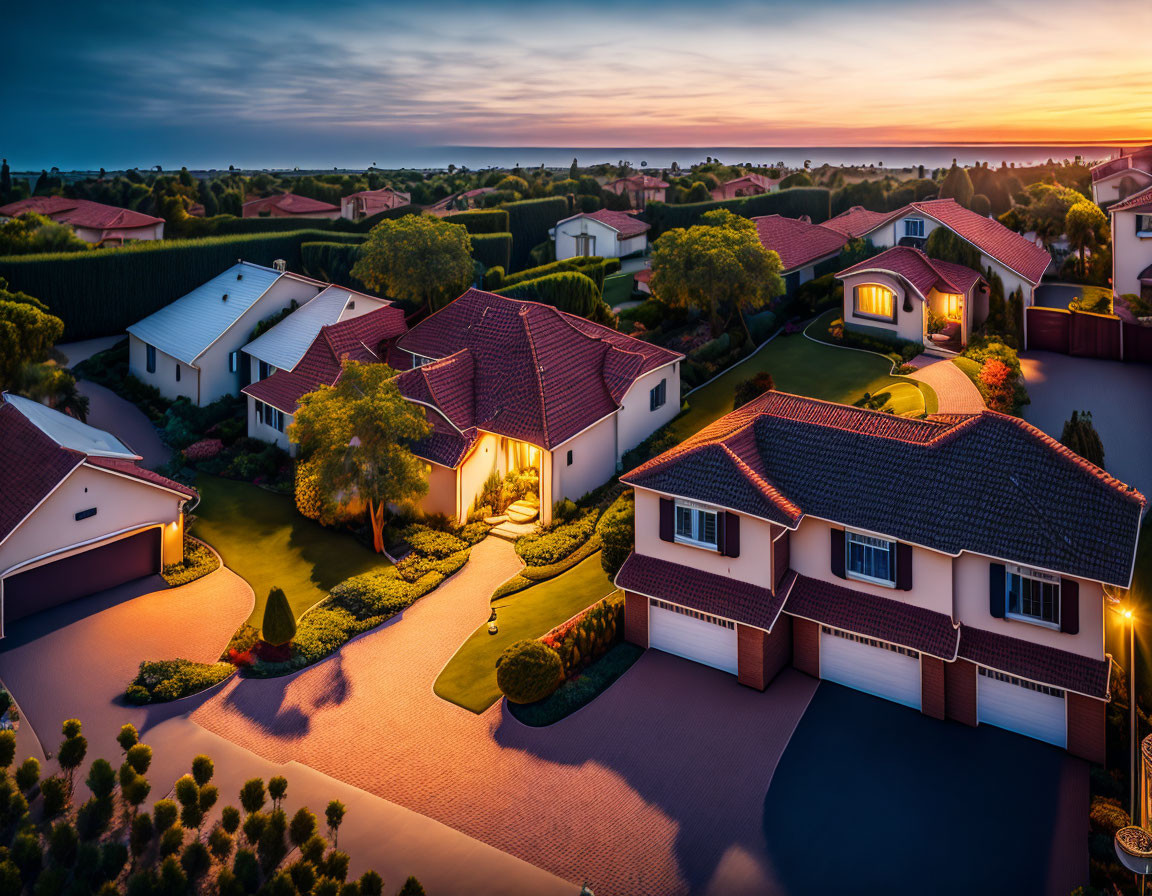 Tranquil suburban neighborhood at dusk with lit homes and vibrant sunset sky