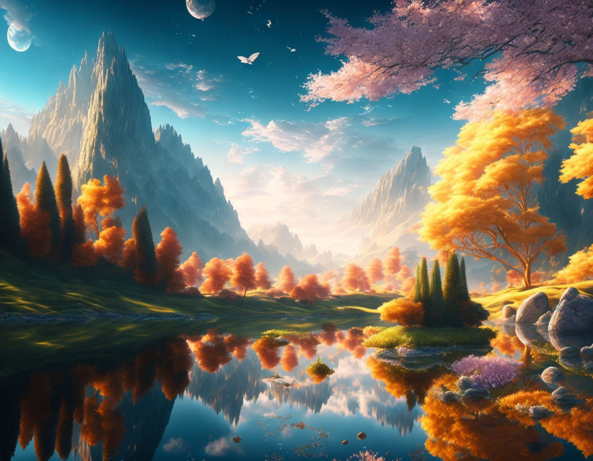 Tranquil fantasy landscape with autumn trees, cherry blossoms, reflective lake, mountains, and floating