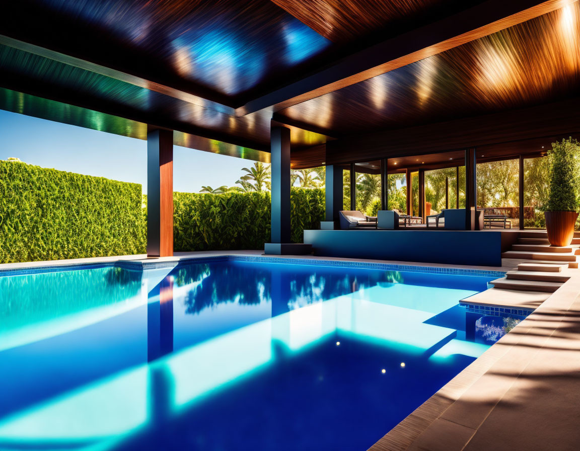 Rectangular Swimming Pool in Modern Backyard with Wooden Decking & Lounge Area