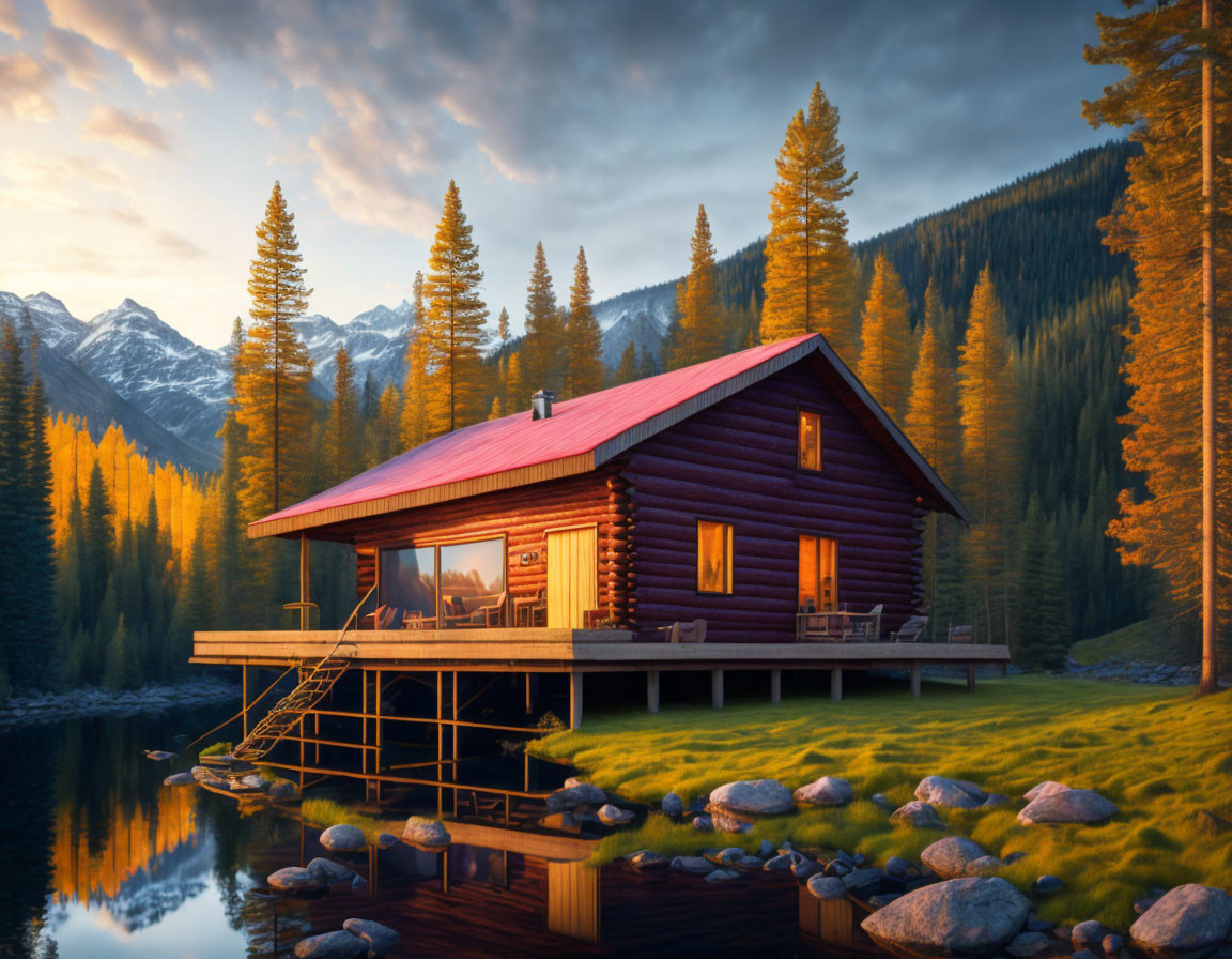 Scenic log cabin by serene lake at sunset