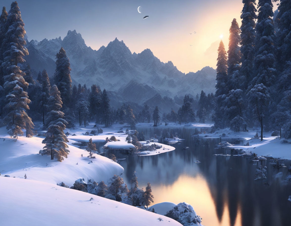 Snow-covered trees and mountains reflecting in a calm lake under a dusk sky with a crescent moon and
