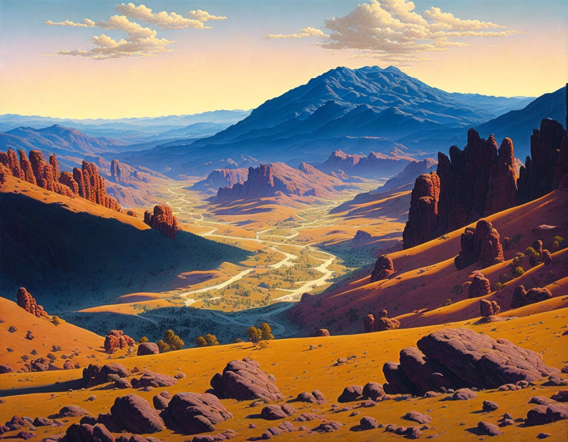 Landscape painting of valley, river, and mountains under blue sky