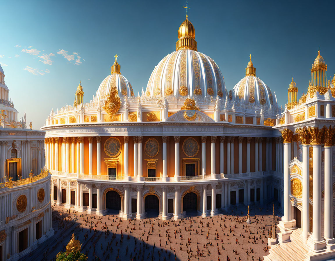 Ornate sunlit cathedral with golden domes in courtyard