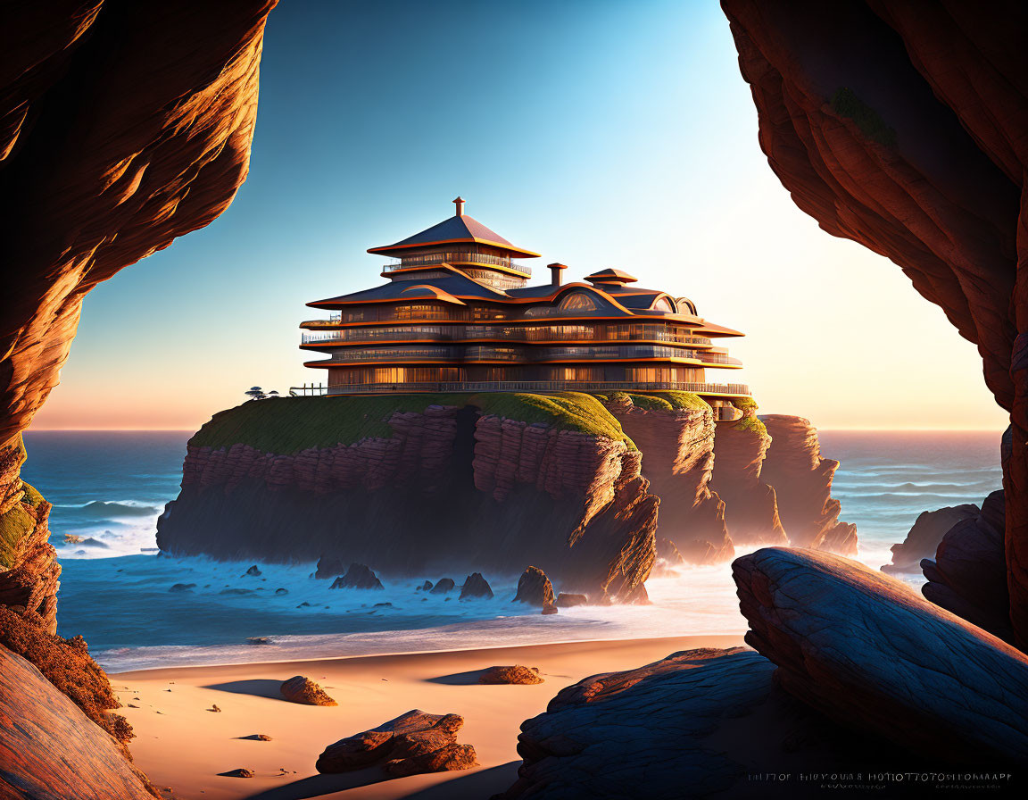 Digital art: Asian-style pagoda on cliff by sea at sunset
