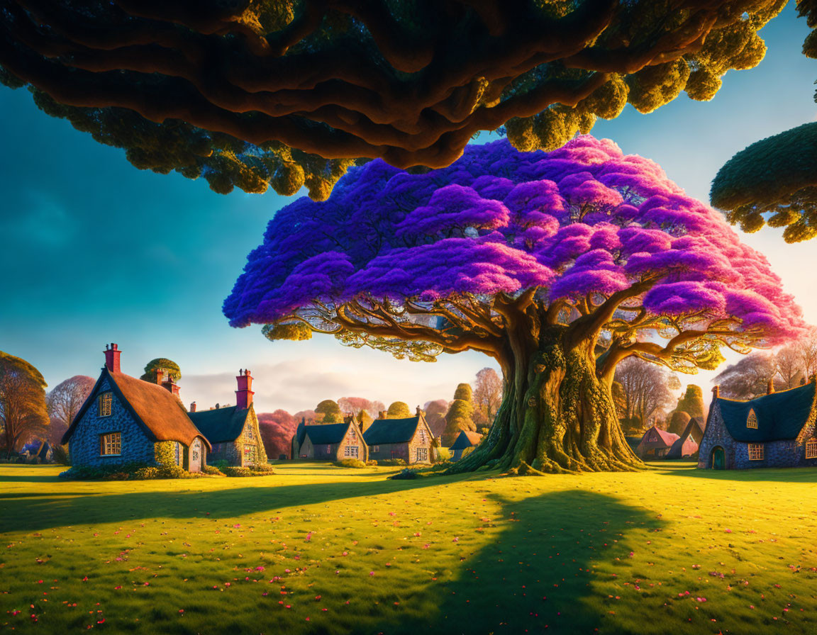 Gigantic tree surrounded by fairy cottages