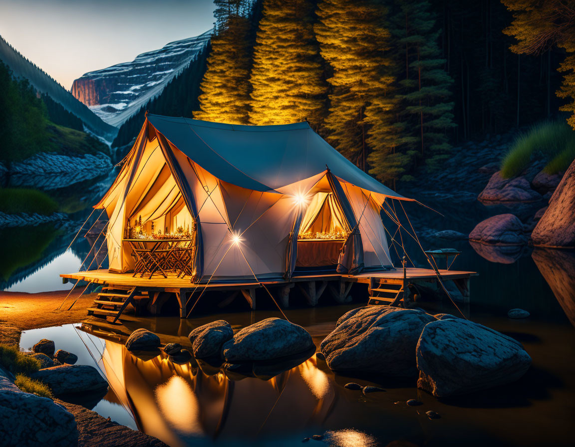 Canvas tent with glowing lights near lake in forest and mountains at dusk