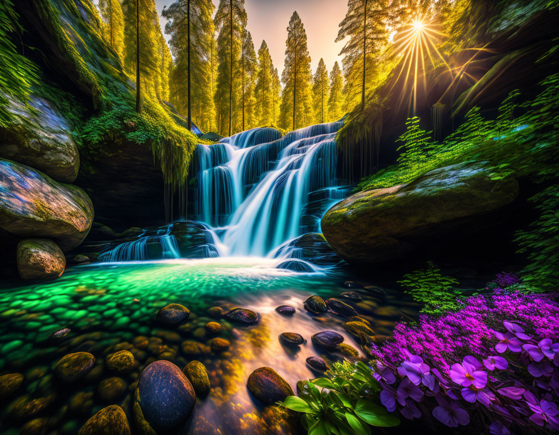 Majestic waterfall flowing into serene pool amidst lush forest and vibrant flowers