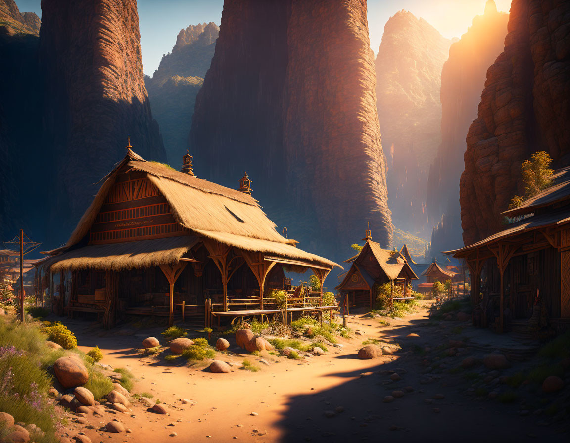 Serene Valley with Wooden Houses and Sunset Glow