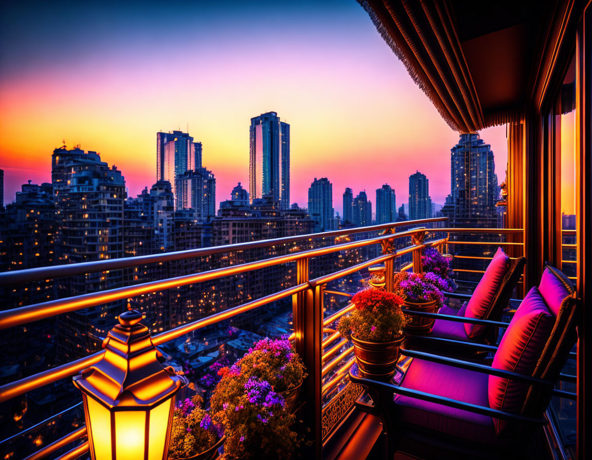 Cityscape balcony view at sunset with decorative railing, outdoor lighting, and flower pots.