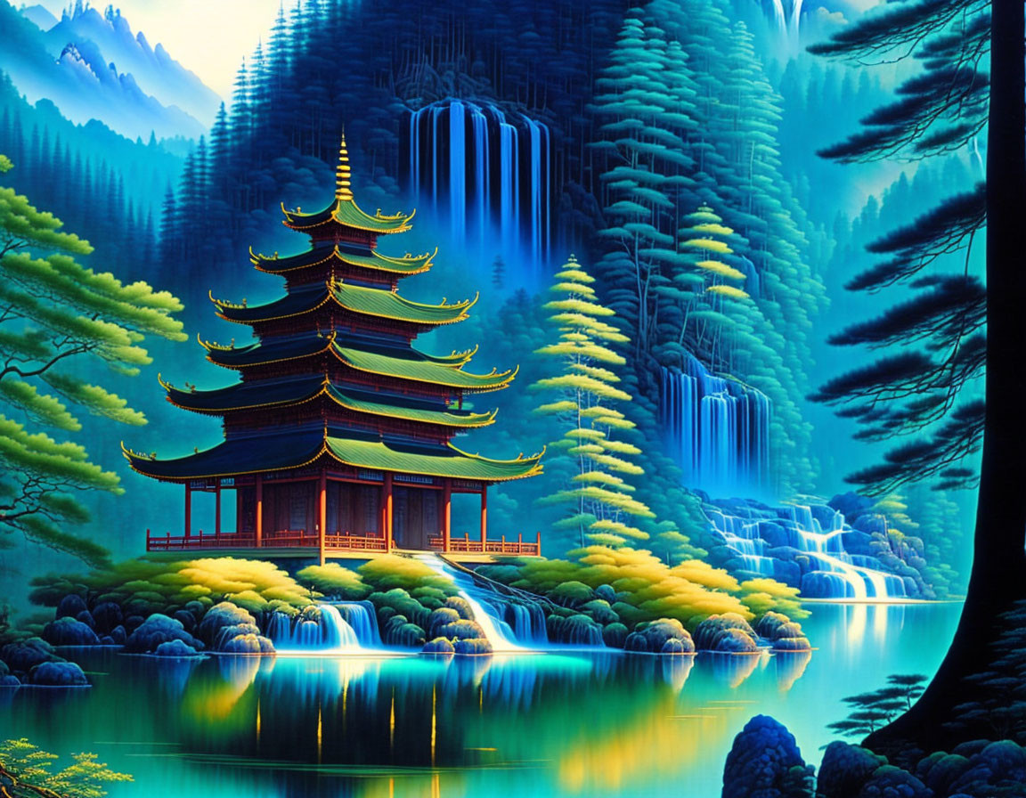 Tranquil landscape with pagoda, waterfall, trees, and mountains