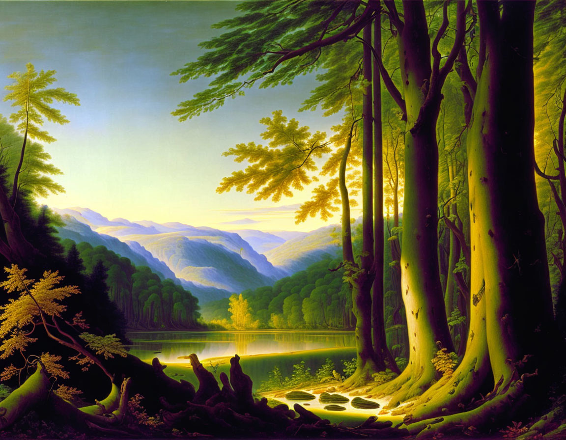 Serene forest painting with lake, trees, and mountains