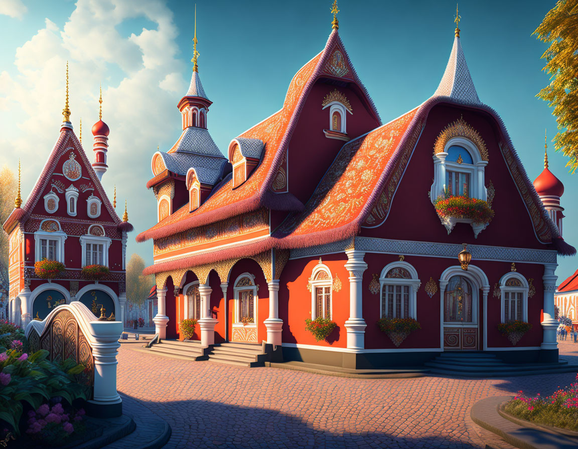 Red Fairytale Cottage with Arched Windows and Domed Towers
