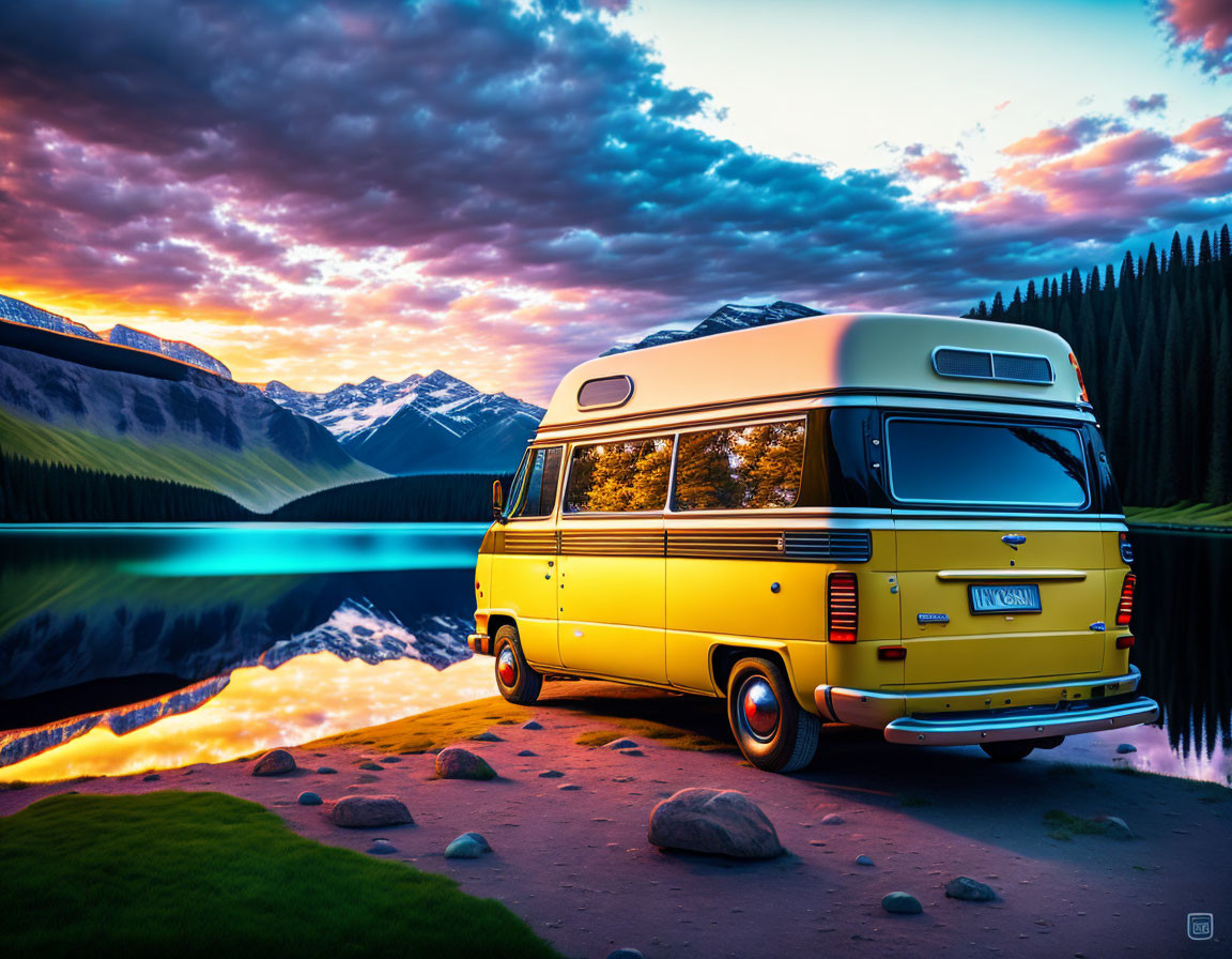 Yellow Volkswagen van by serene lake at sunset with mountain reflection