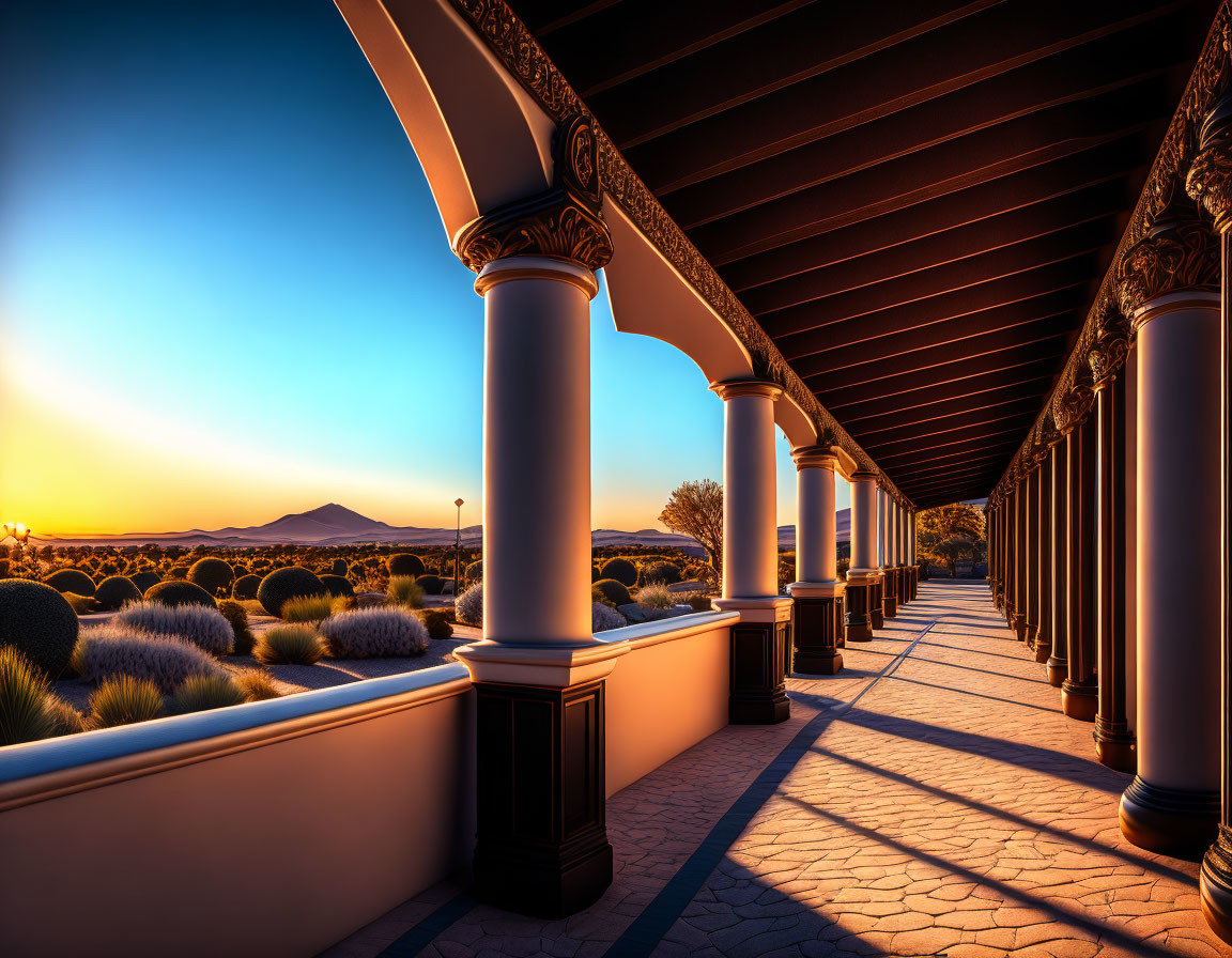 Sunrise over ornate colonnade with golden light and distant mountains.