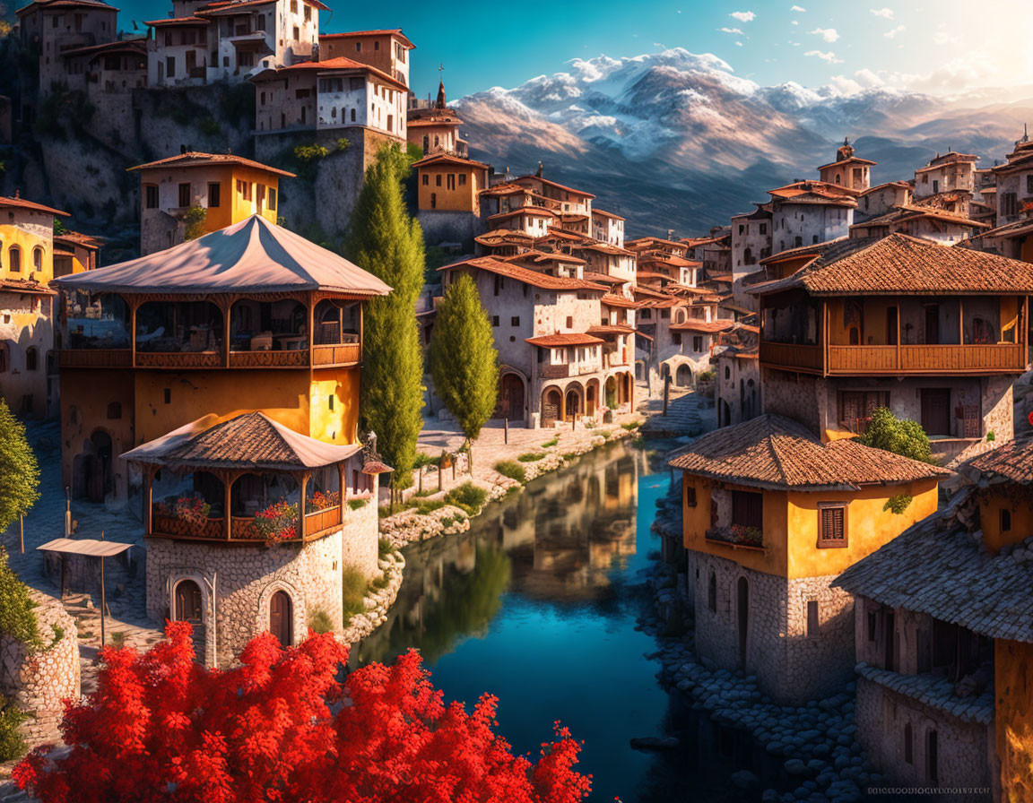 Scenic village with terracotta-roofed houses by river and mountains