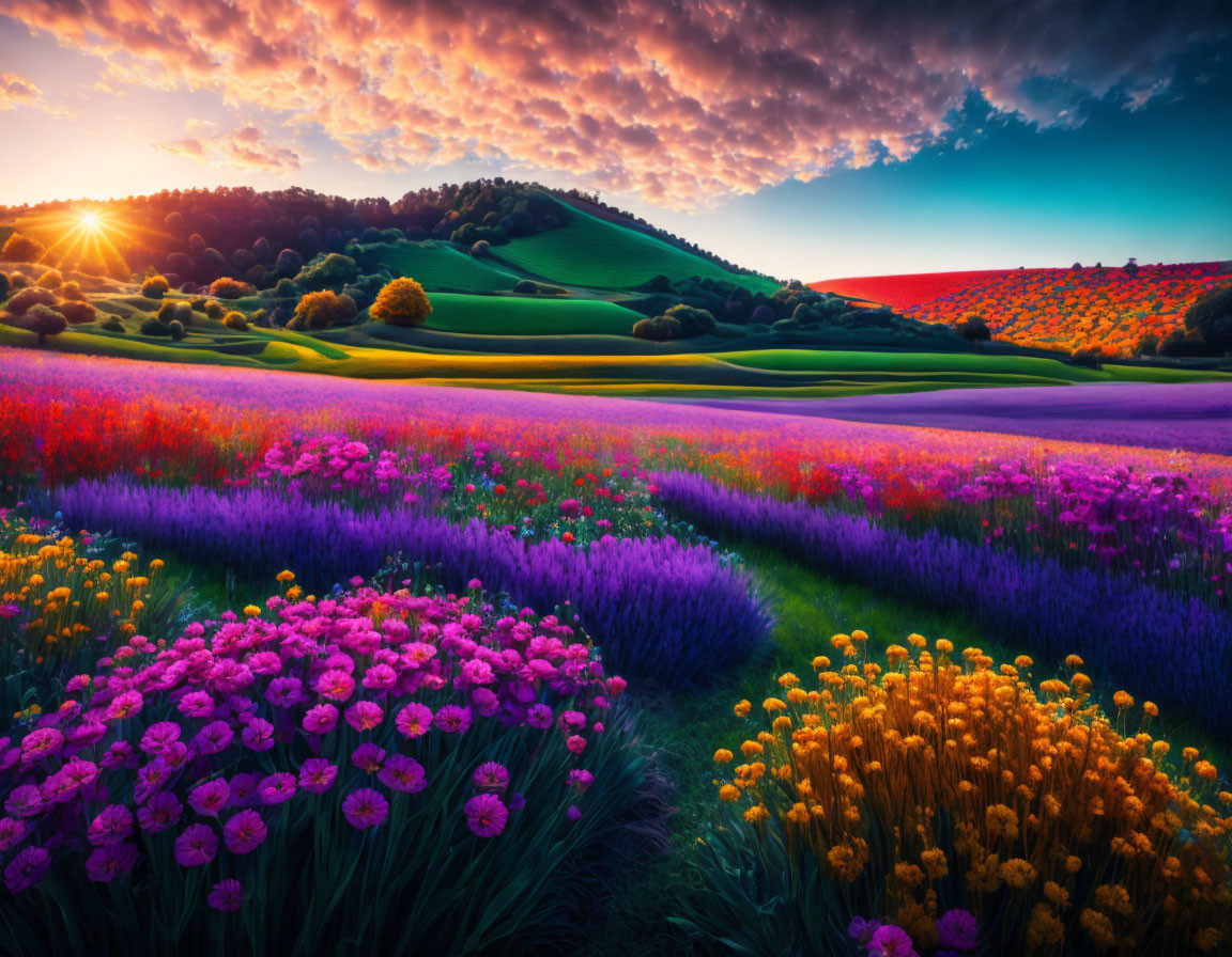 Colorful Flowers on Vibrant Sunset Hills