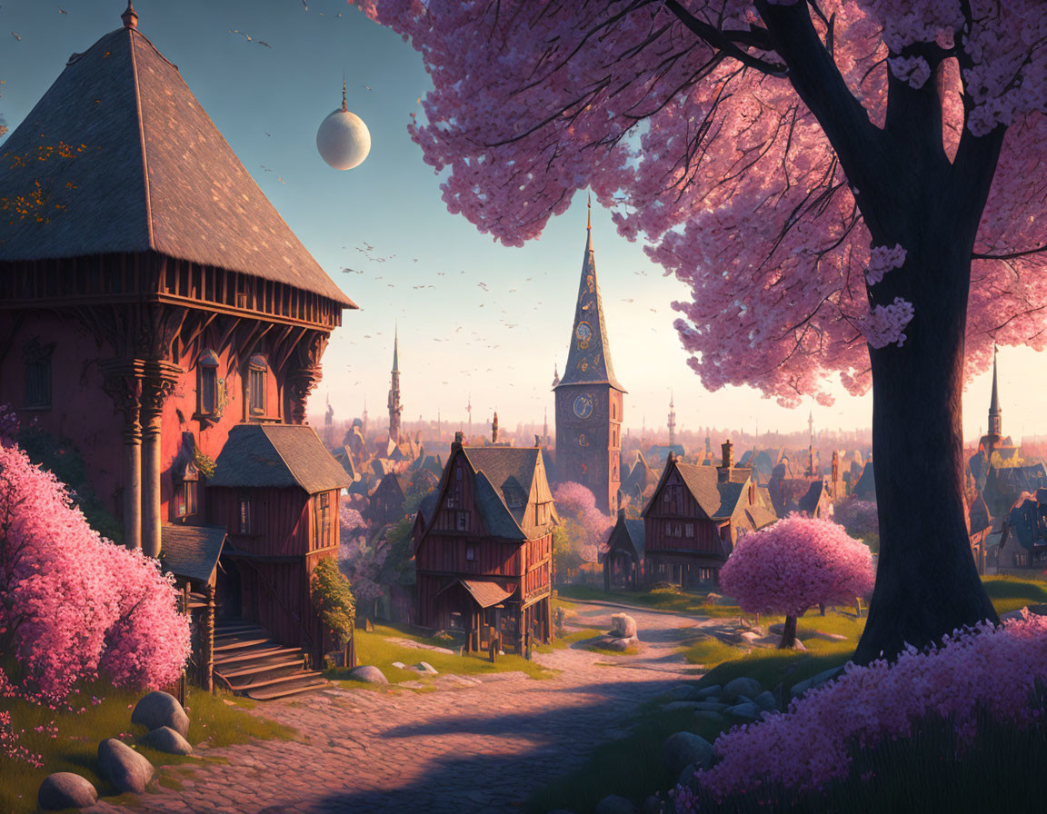Tranquil fantasy village with cherry blossoms, rustic houses, cobblestone path, distant planet