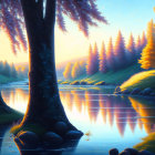 Tranquil Sunrise Scene: Lake, Trees, Mountain Reflections