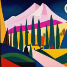 Colorful Abstract Painting: Geometric Shapes of Landscape, Mountains, Trees, Night Sky