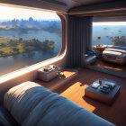 Futuristic room with panoramic windows overlooking scenic landscape