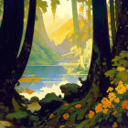 Lush forest scene with towering trees, mountain, lake, and colorful flowers