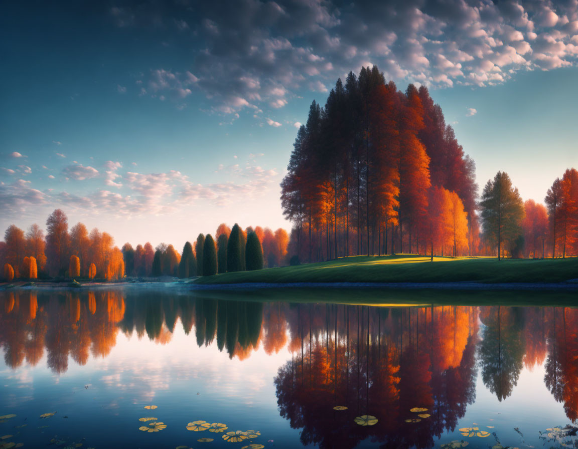 Vibrant autumn trees reflected in serene lake at sunrise or sunset