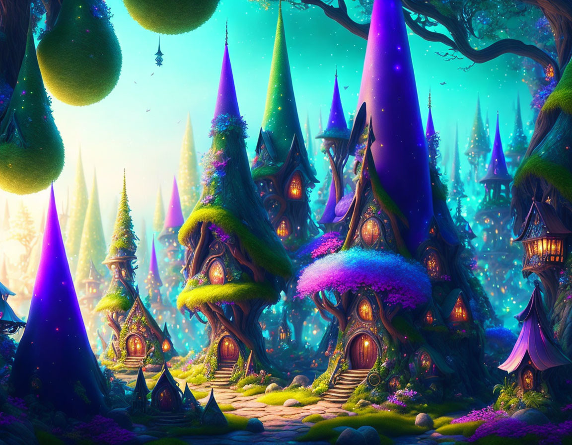 Enchanted forest with vibrant mushroom-capped treehouses and purple lights