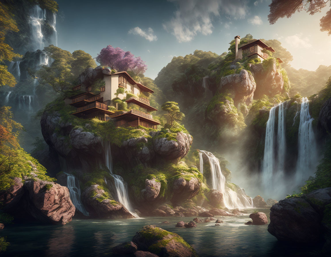Asian-style Houses on Green Cliffs with Waterfalls and River