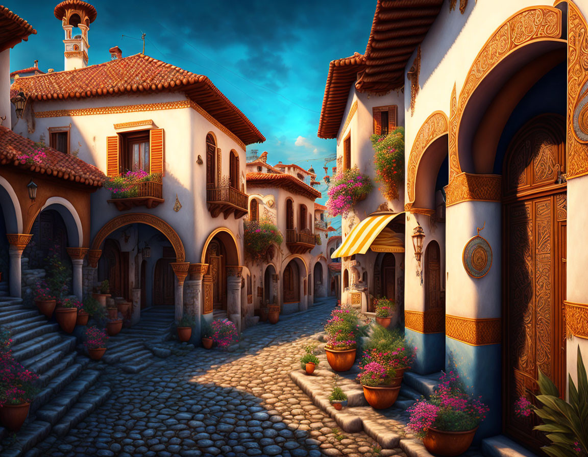 Picturesque cobblestone street with colorful houses and flowers under golden-hour sky