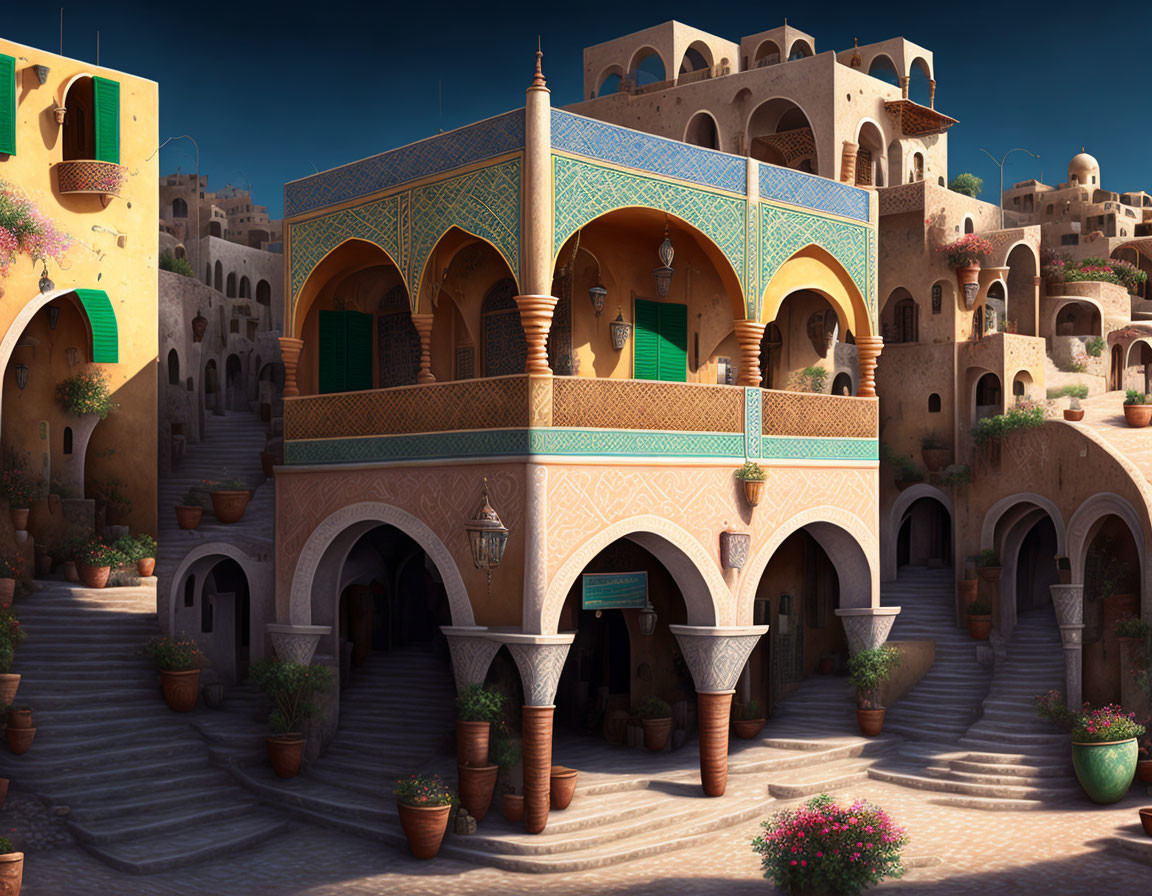 Colorful digital artwork of a Middle Eastern town with ornate buildings and cobblestone paths