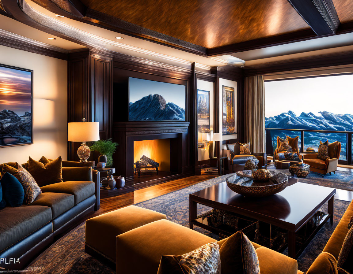 Luxurious Living Room with Dark Wood Paneling and Mountain View