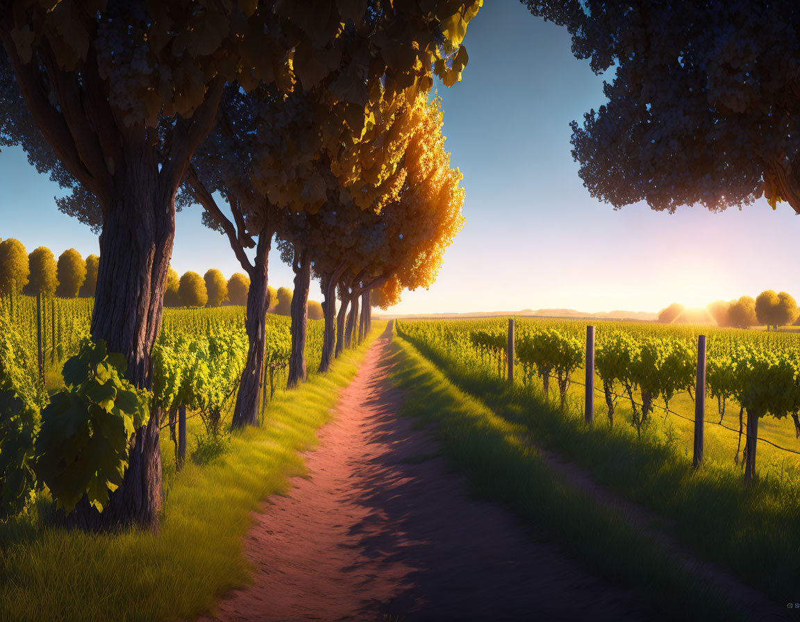 Tranquil Path Through Vineyards and Trees at Sunset