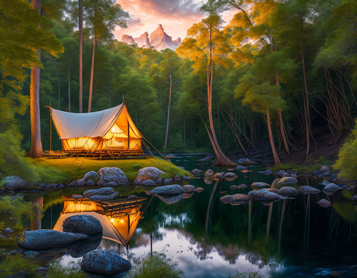 Glamping beside the river in the wilderness