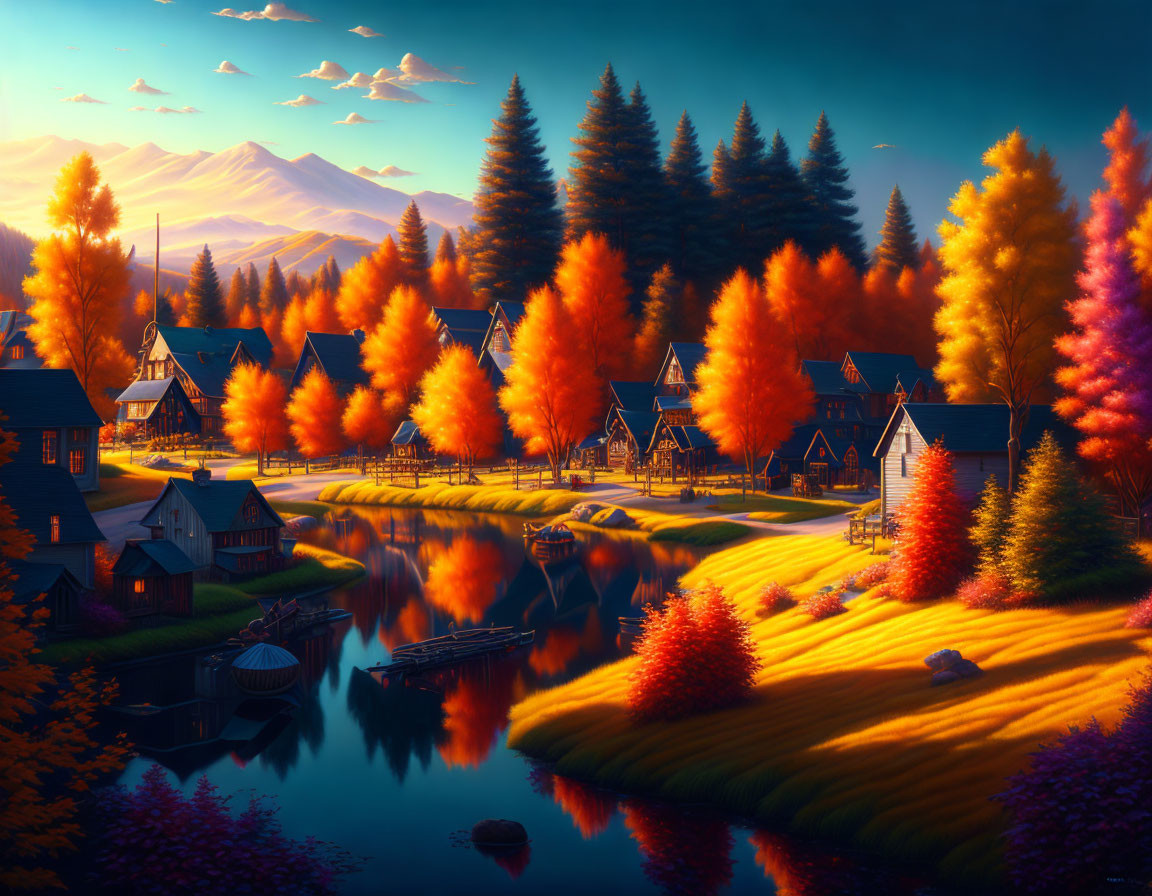 Colorful autumn landscape with lake, cottages, mountains in warm sunlight
