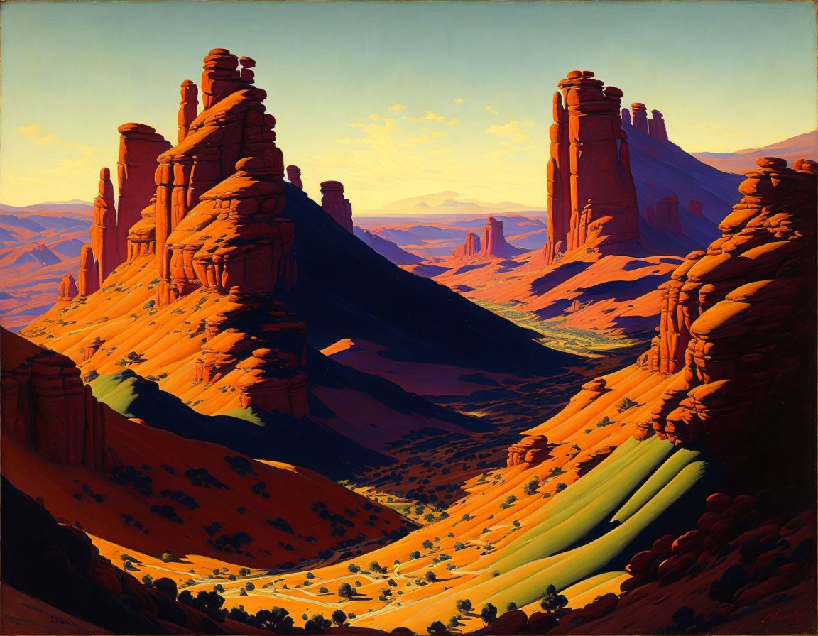 Desert canyon painting with towering rock formations at sunset