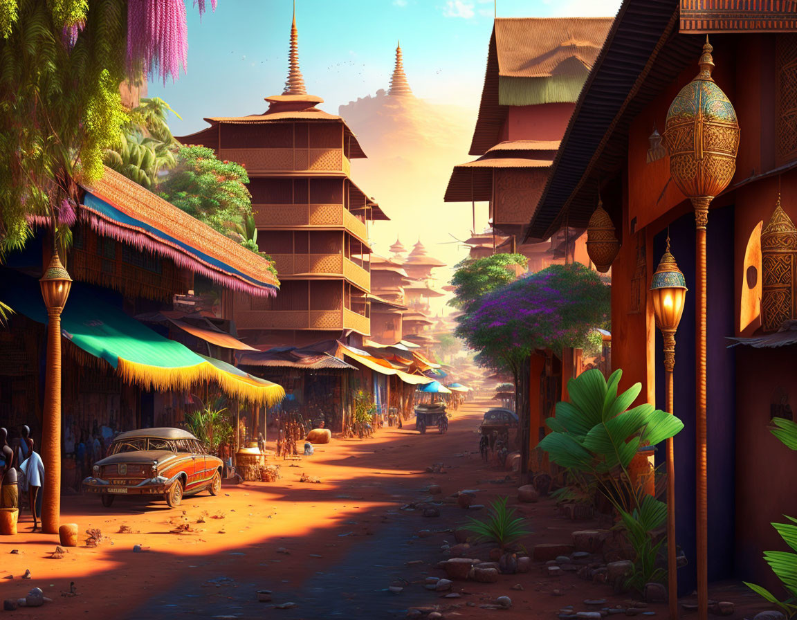 Vibrant animated street scene with traditional buildings and market stalls