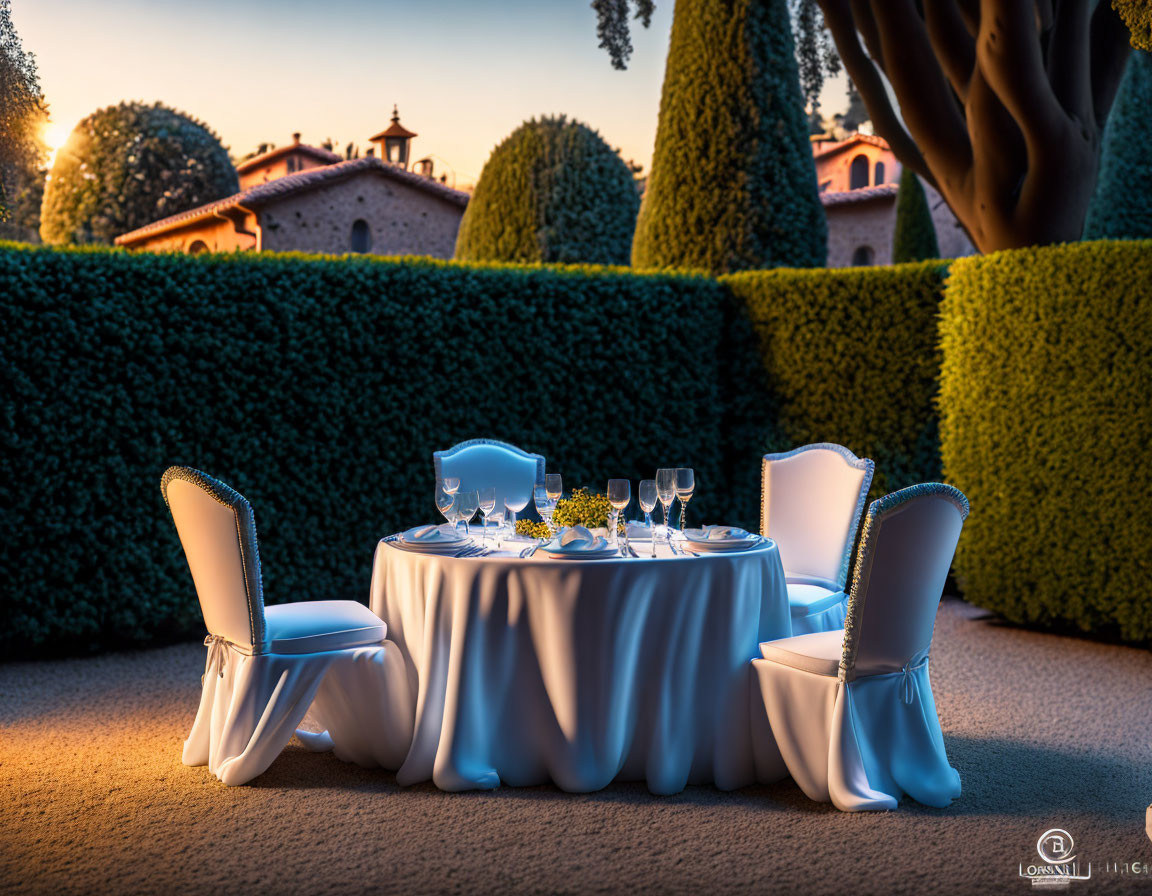Elegant outdoor fine dining setup with white tablecloth, chairs, glasses, cutlery, sunset