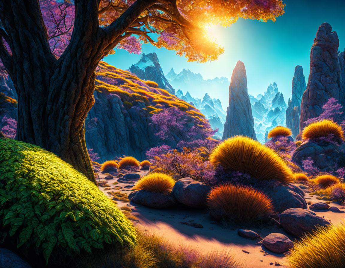 Colorful fantasy landscape with luminous tree, purple foliage, moss-covered rocks, and towering peaks