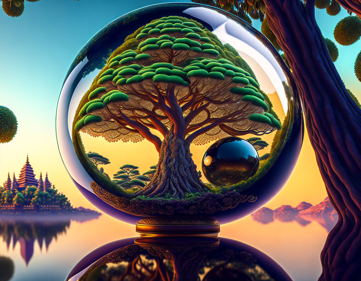 Majestic tree in transparent sphere with water and pagodas