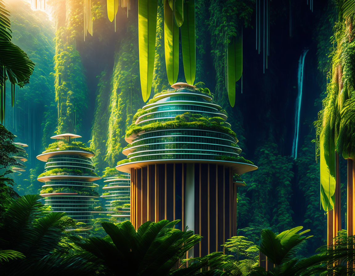 Green-roofed futuristic buildings in lush tropical forest with waterfalls