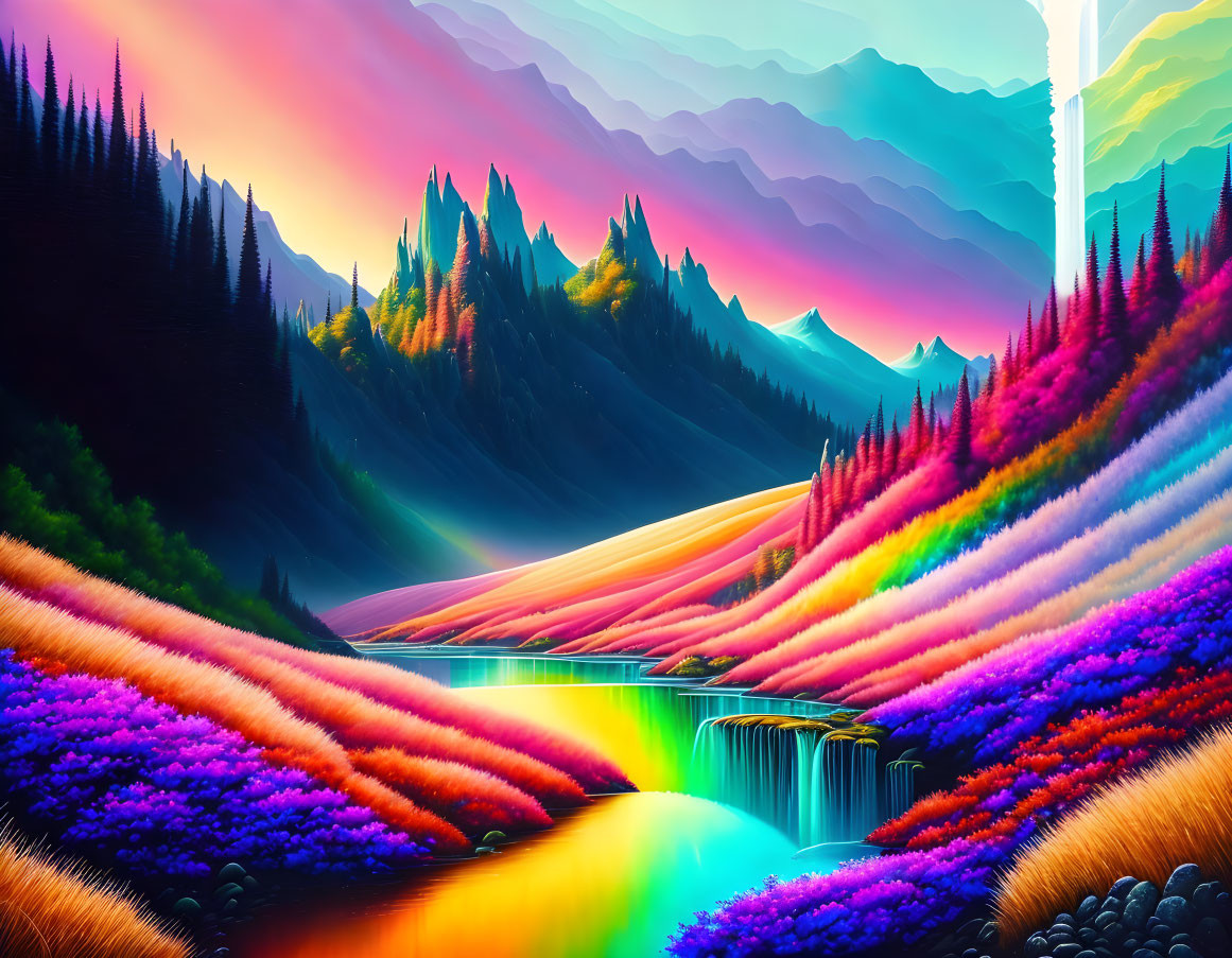Colorful surreal landscape with waterfall and mountains under twilight sky