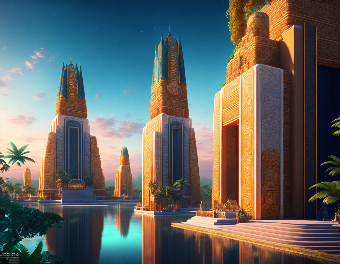 Futuristic cityscape with golden spires, palm trees, and reflective waterways