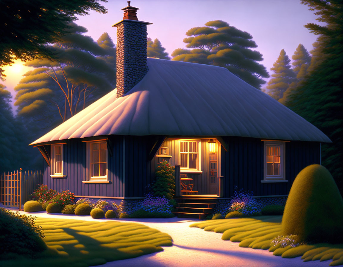 Twilight scene of cozy cottage with warm light, lush trees, garden, and path