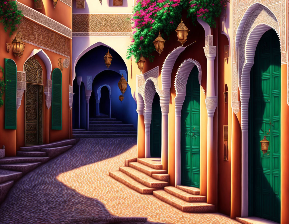 Colorful Middle Eastern street with arches, doors, and flowers at sunset